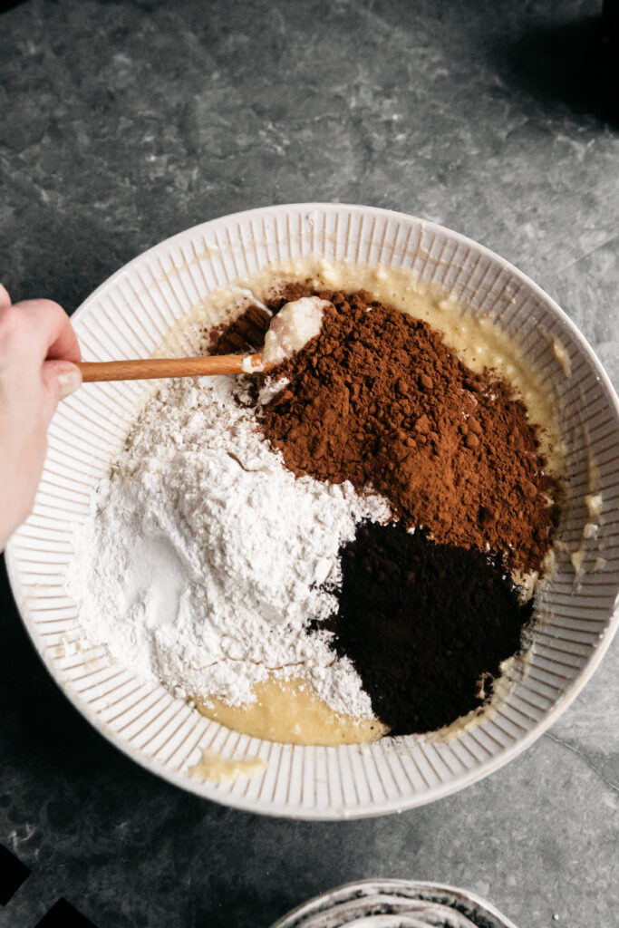 Ingredients for chocolate cake in a bowl 