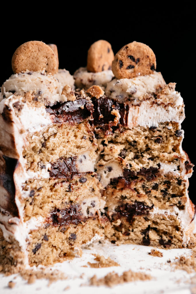 The inside of a Chocolate Chip Cookie Dough Cake