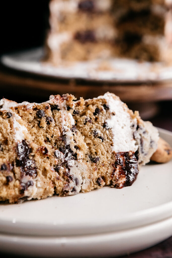 A slice of  Chocolate Chip Cookie Dough Cake