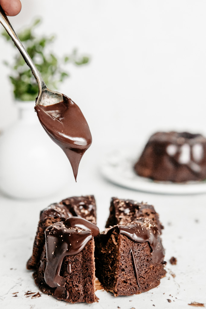 Chocolate Ganache Drizzle over Chocolate Chip Bundt Cake