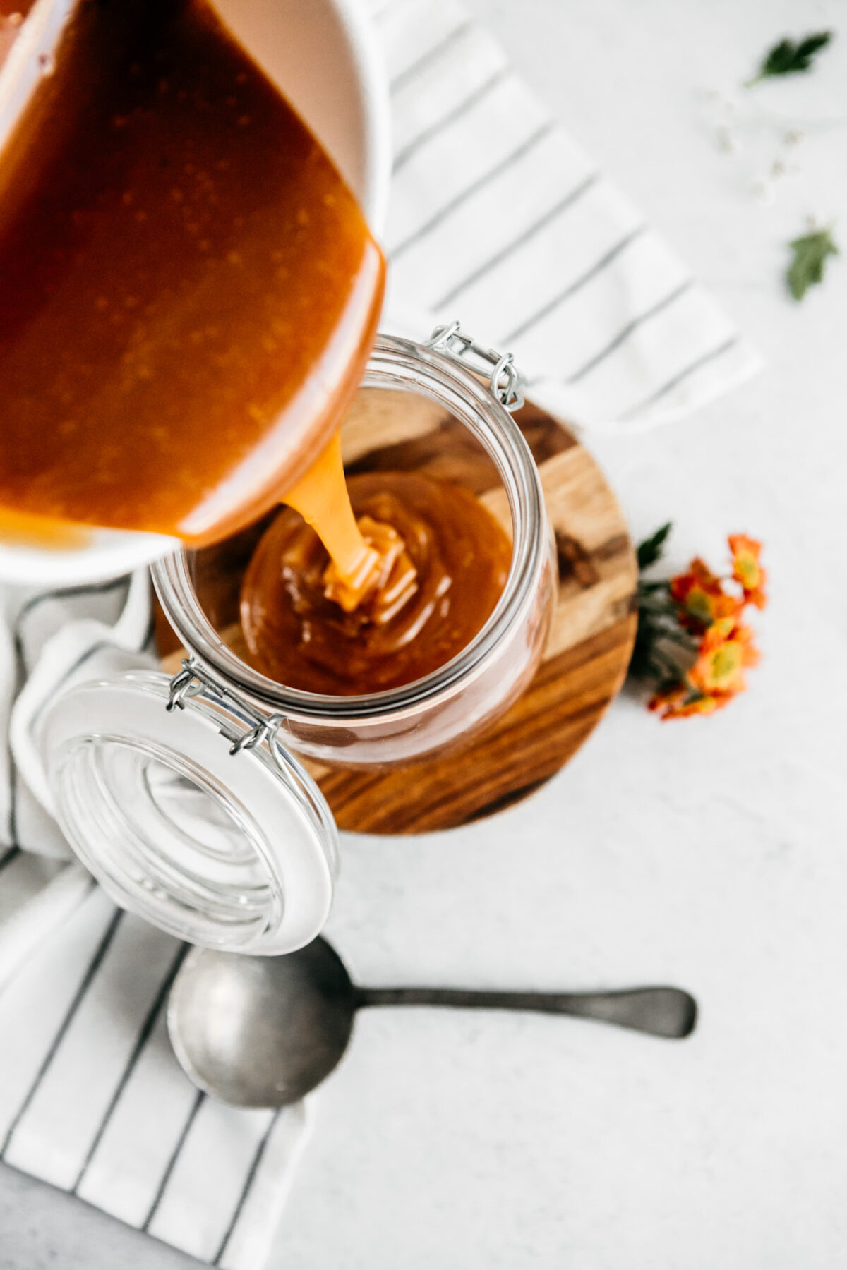 pouring fresh homemade caramel sauce