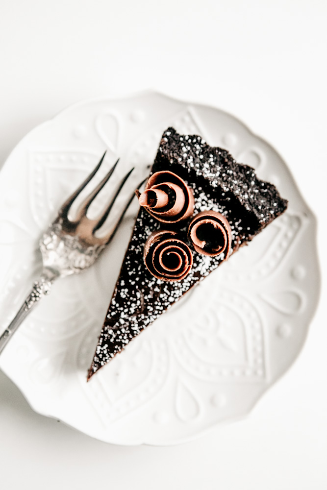 slice of chocolate tart with fork
