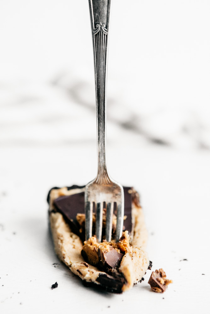 fork in peanut butter mousse tart