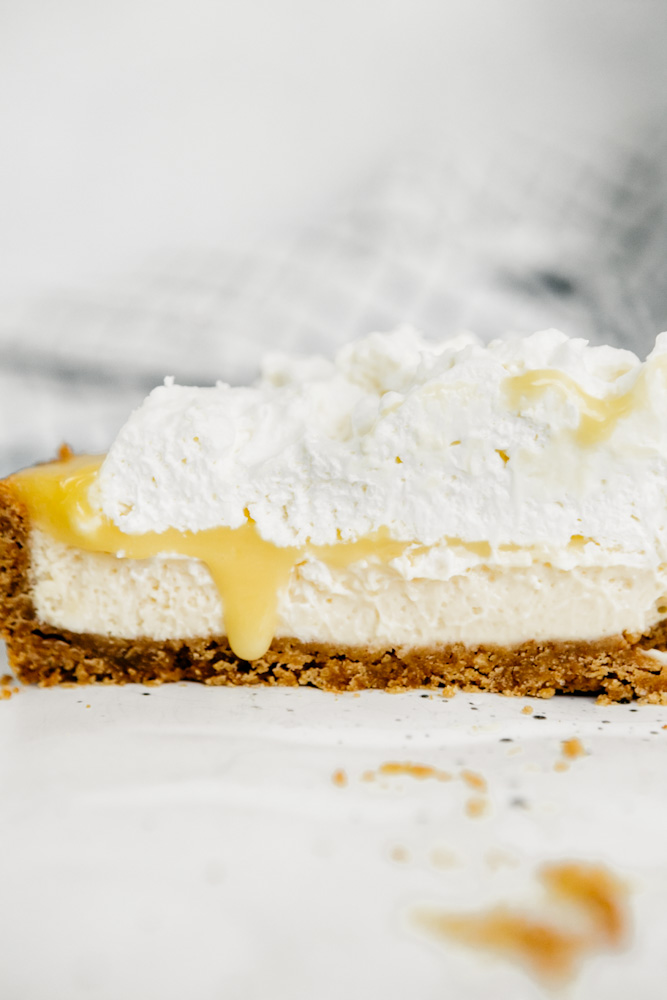 Side view of lemon cheesecake. 