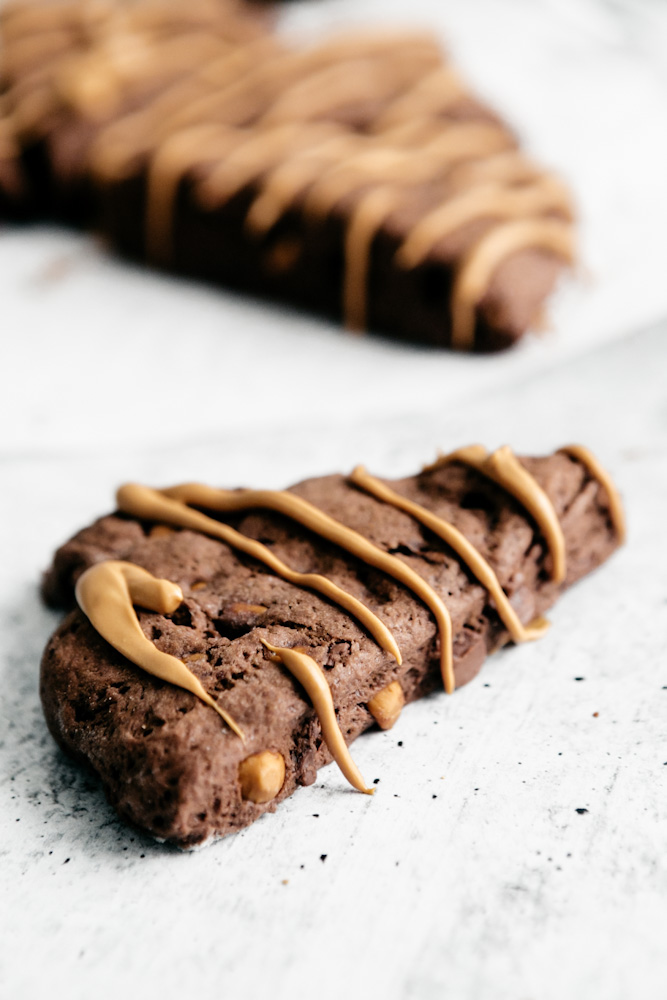 Side view of chocolate scone. 