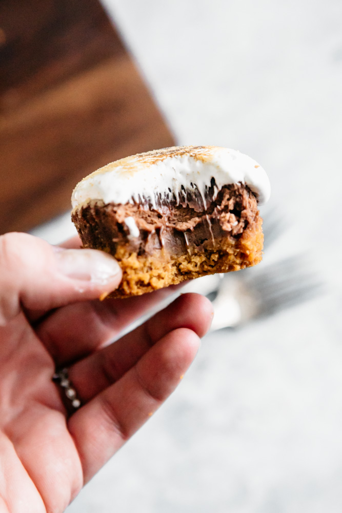 Hold mini s’mores cheesecakes with a bite out of it. 
