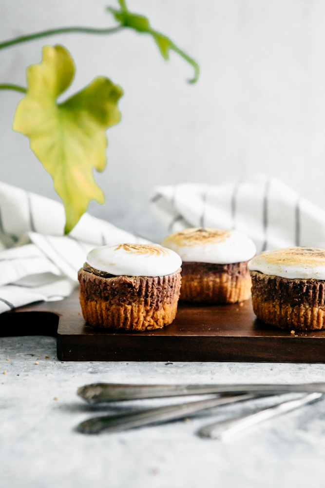 S’mores Mini Cheesecakes on a cutting board. 
