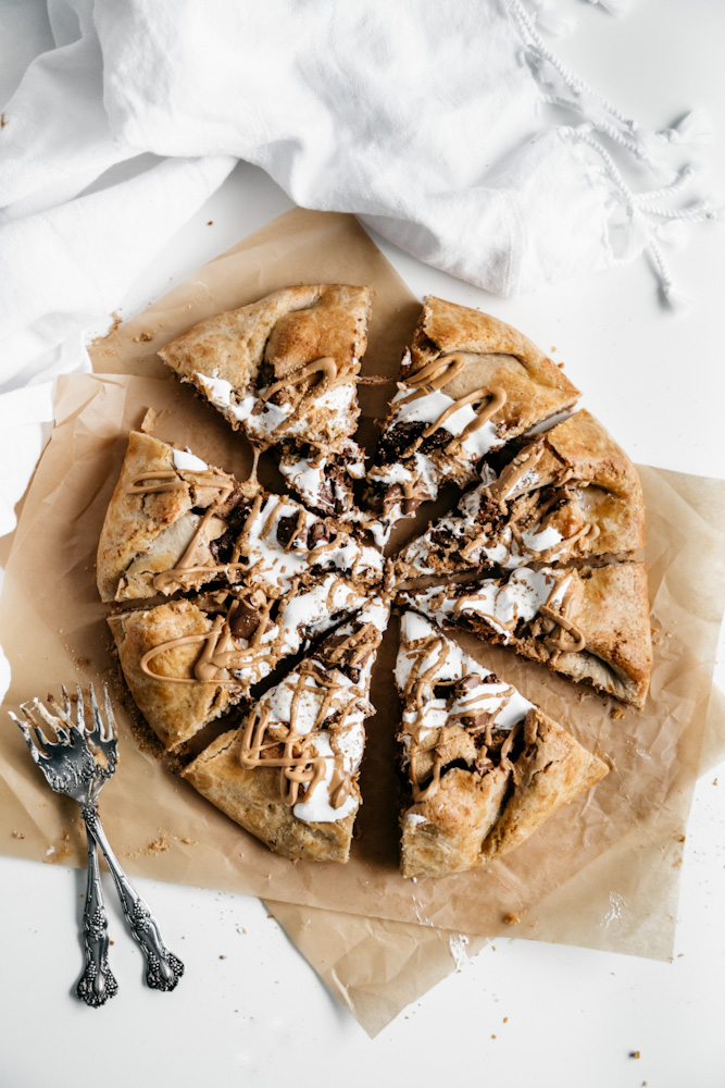 Whole peanut butter cup s’mores galette cut into slices. 