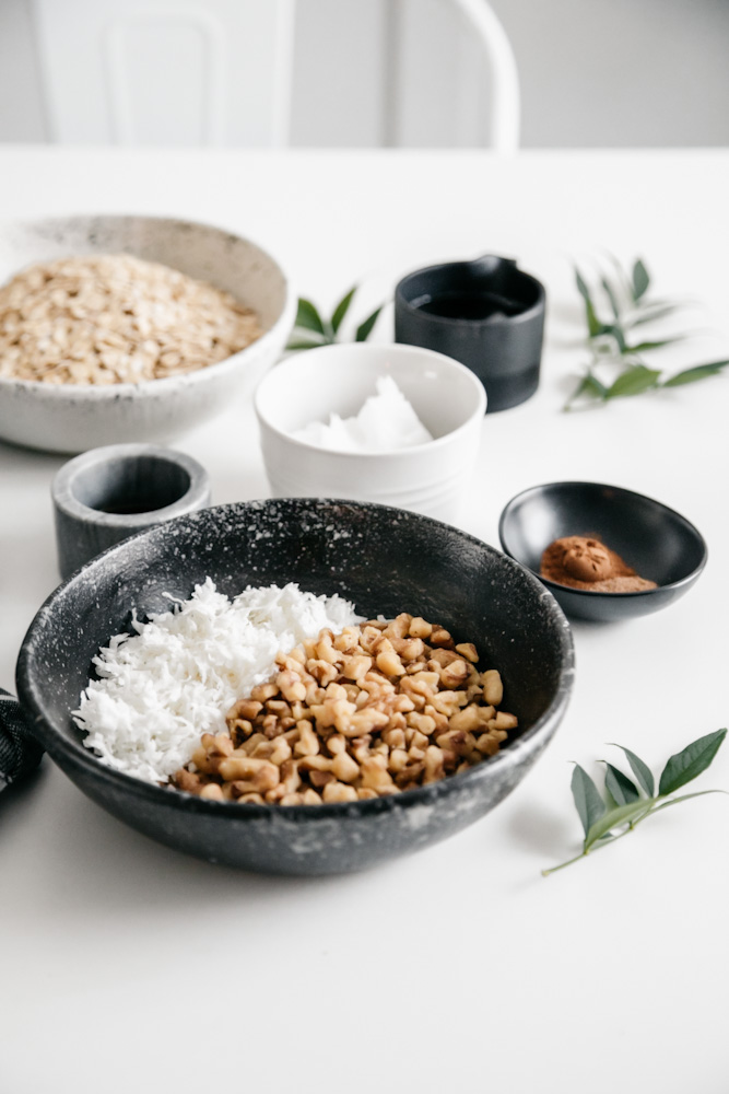 Granola ingredients in separate bowls. 