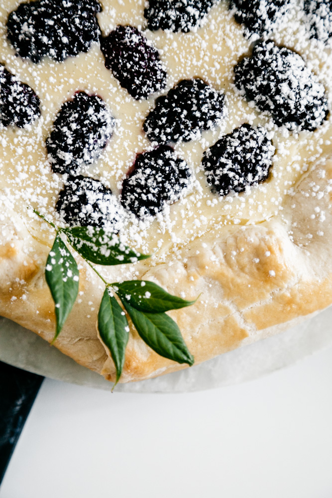 Closeup of fresh blackberry cheesecake galette. 