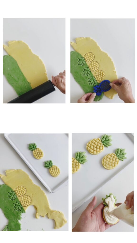 Process of cutting out and frosting vanilla pineapple sandwich cookies. 