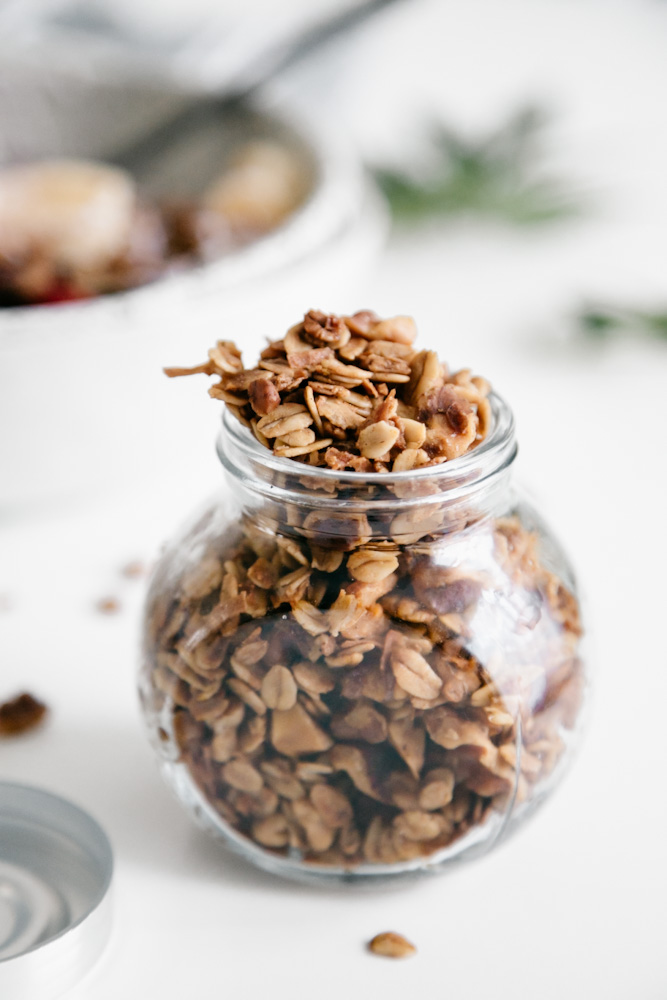 Small jar of wholesome vanilla walnut granola. 