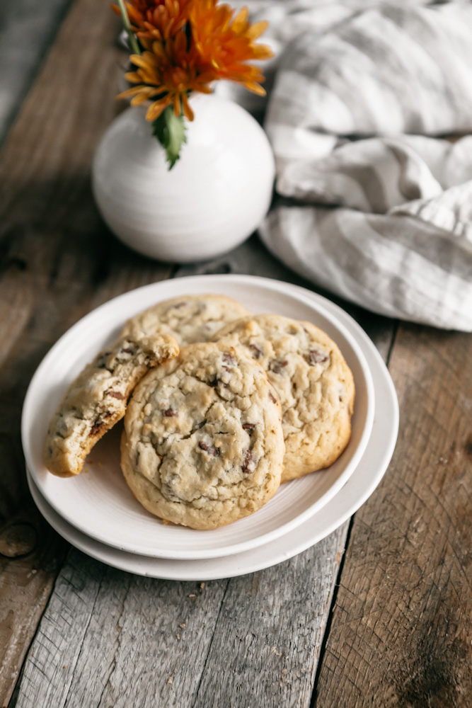 Milk chocolate chip cookies on plate