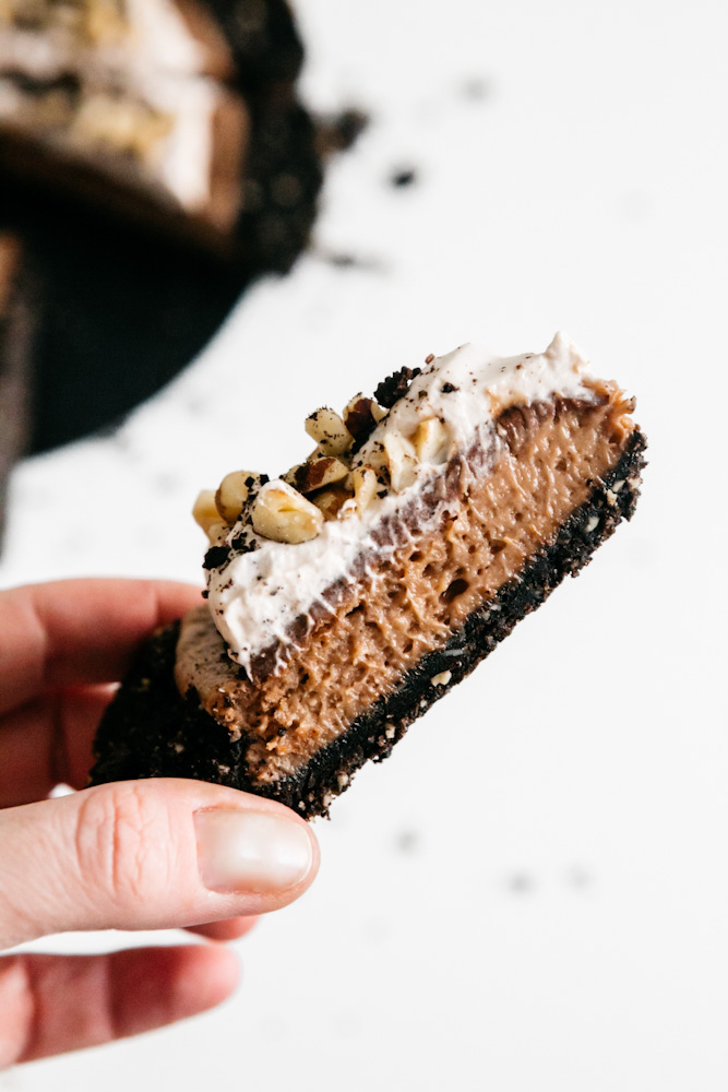 A slice of a nutella cheesecake tart 