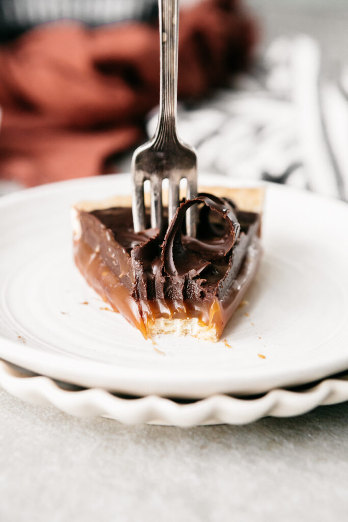 A fork in a slice of tart on a plate 