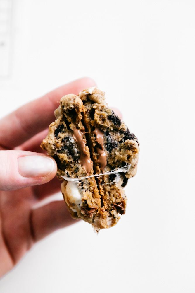 Inside of a loaded s’mores cookie 