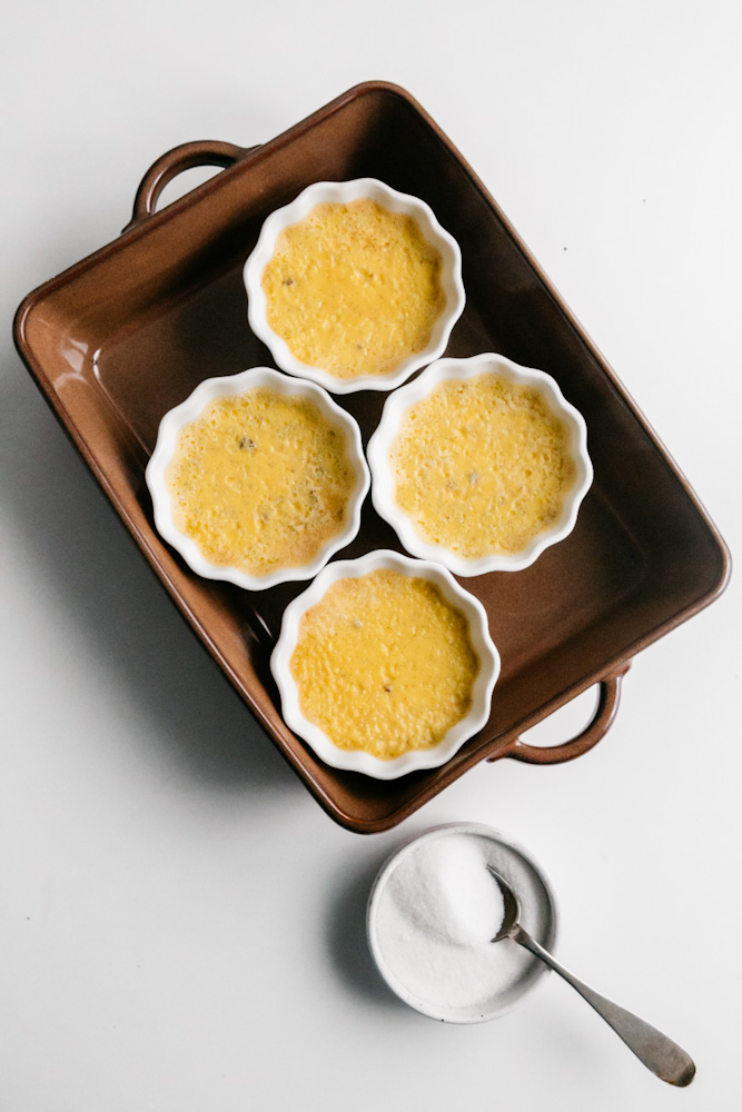 Creme brûlée in a baking pan