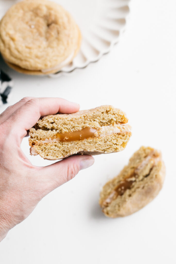 The inside of a churro sugar cookie sandwich 