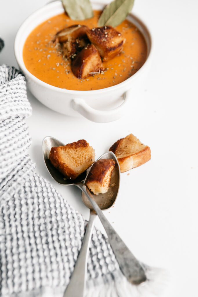 Fire Roasted Tomato Soup With browned butter croutons 