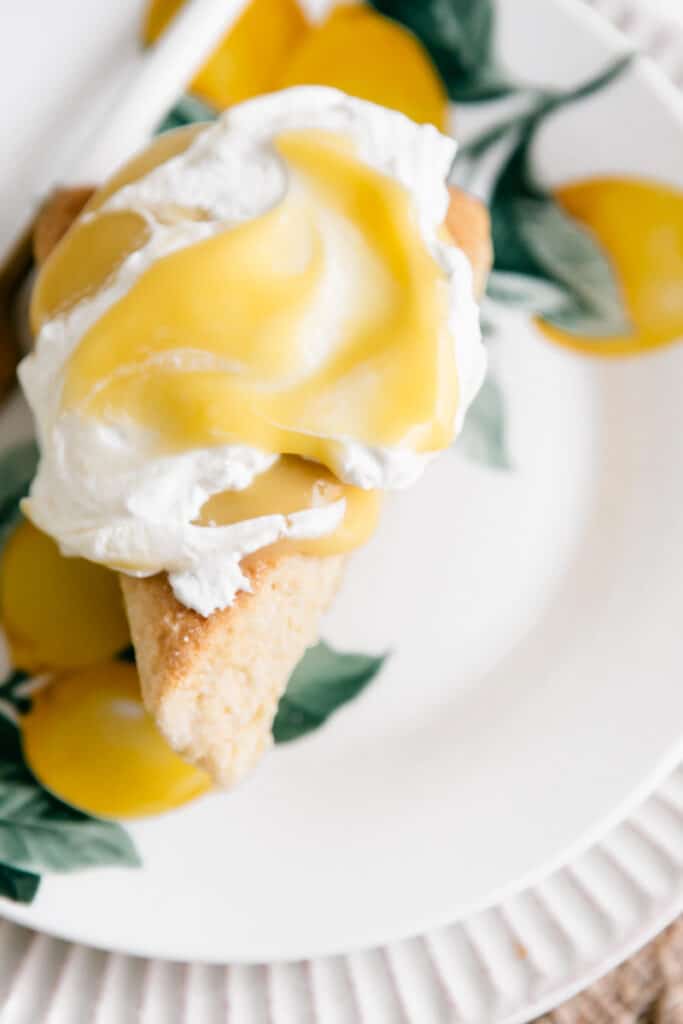Closeup of a scone with lemon curd and whipped cream 