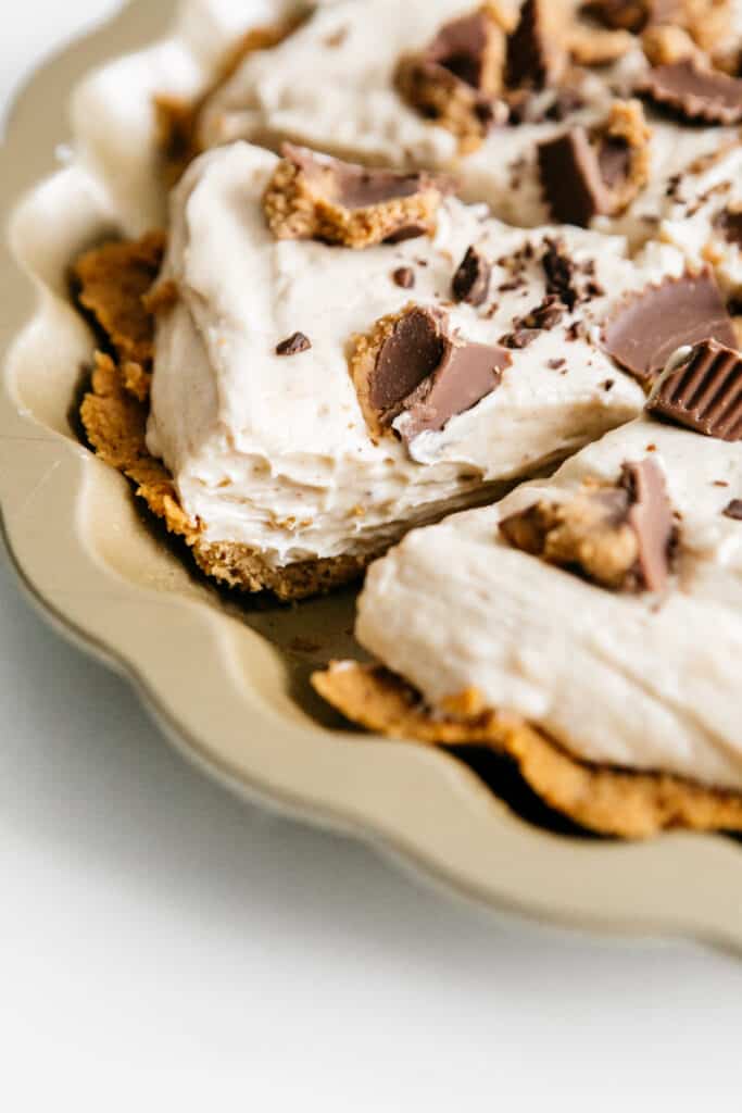 Closeup of a slice of peanut butter pie 