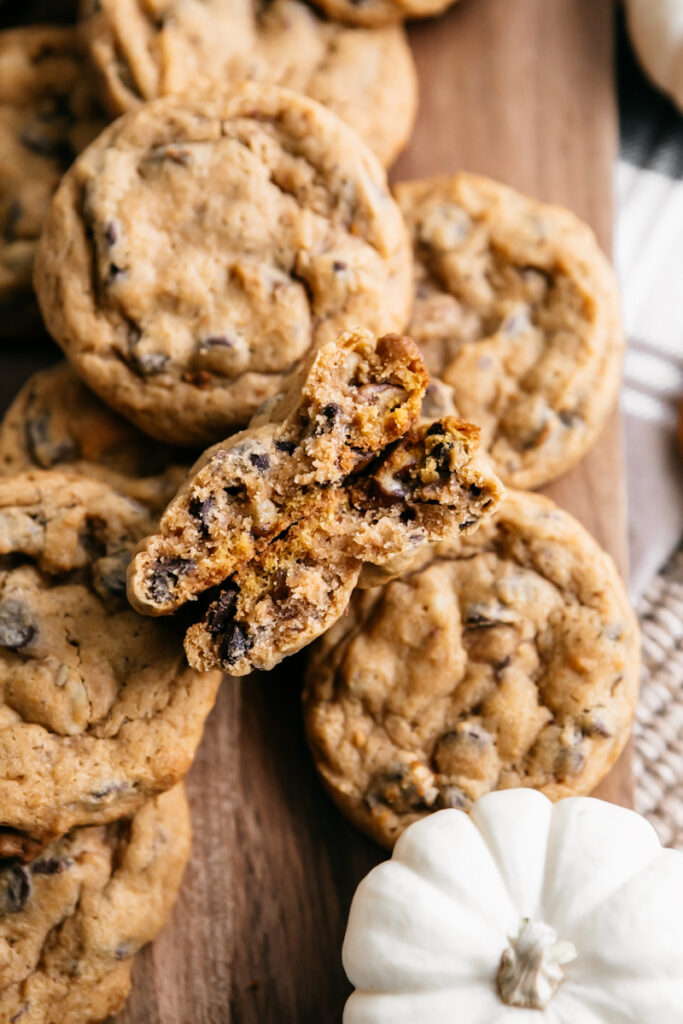 Closeup of a cookie broken in half 