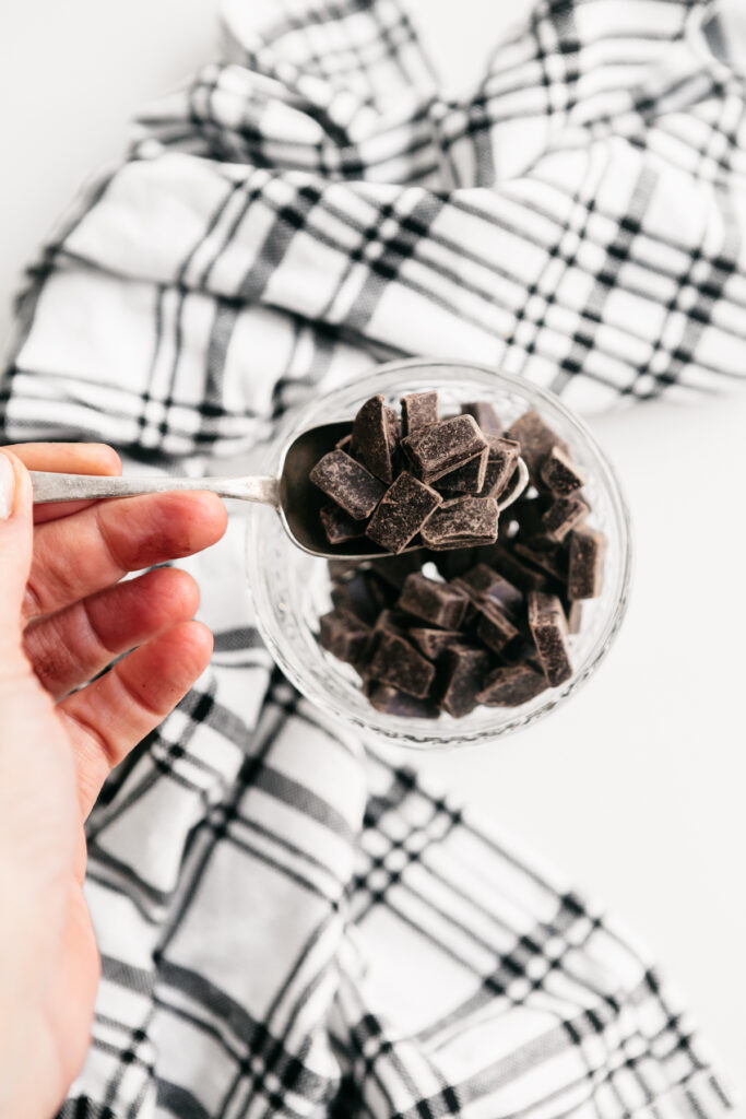 Chocolate chunks in a glass bowl 