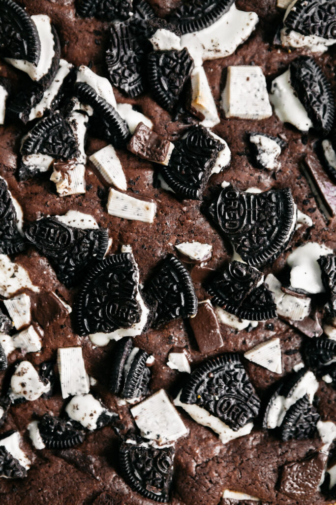 Closeup of Andes Mint Oreo Brownies  in the pan 
