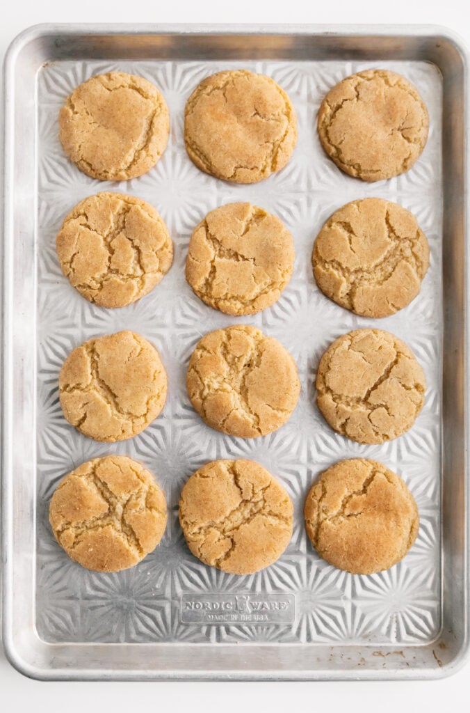 Browned Butter Snickerdoodles on a Nordic ware baking sheet 