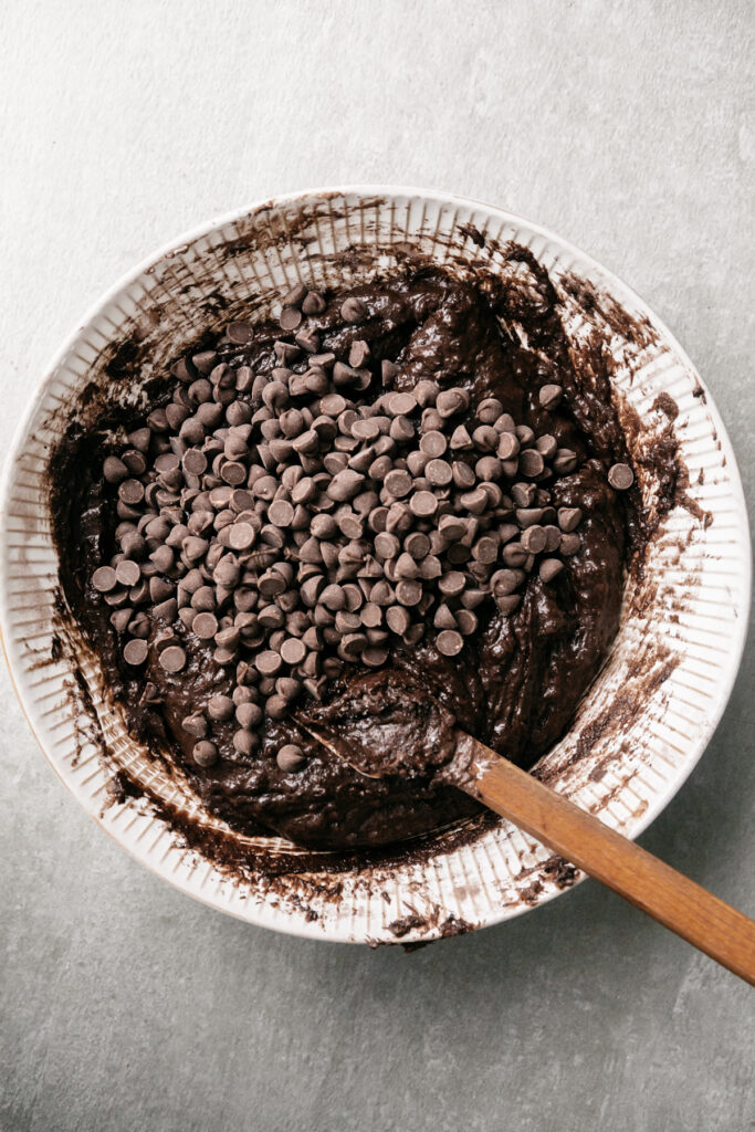 Chocolate muffin batter in a bowl 