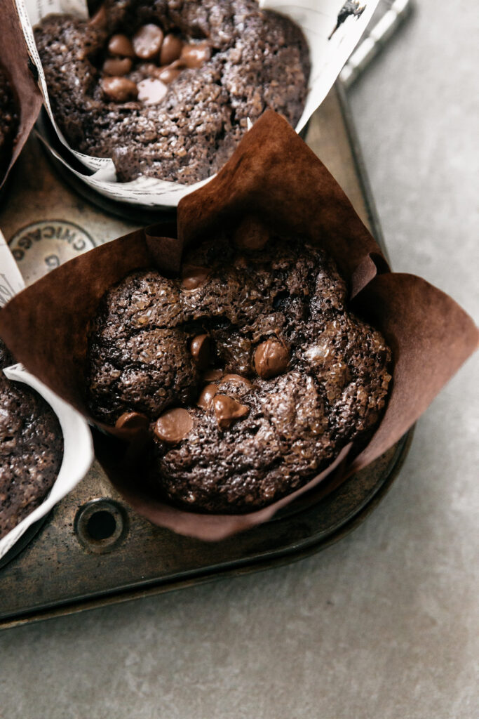Closeup of a muffin in a tin. 