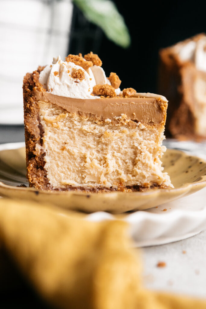 A slice of cheesecake closeup. 