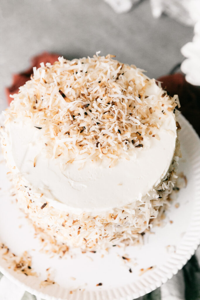 Toasted coconut on a cake 