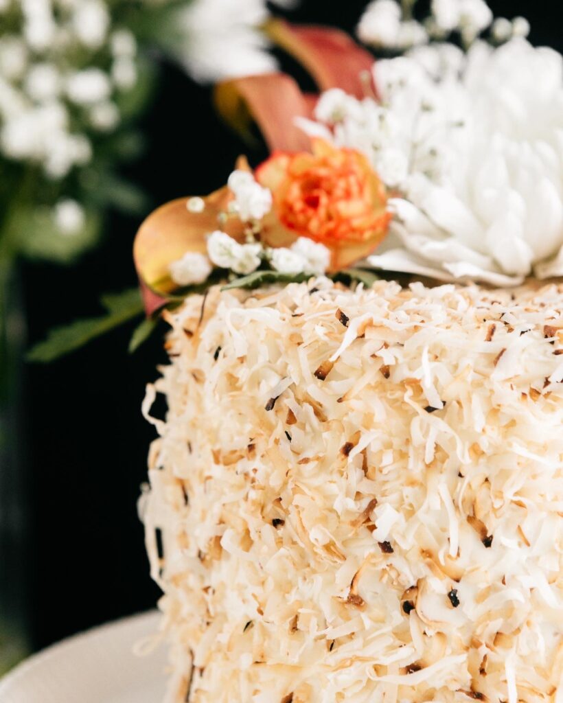 Closeup of a toasted coconut cake 