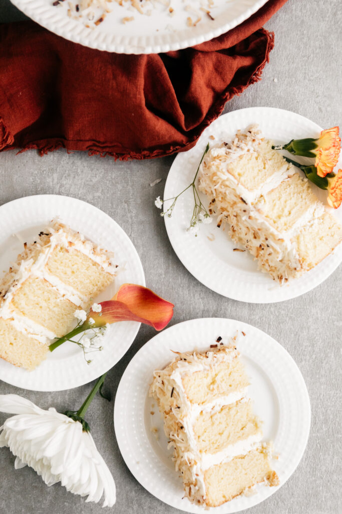 Slices of cake on plates 