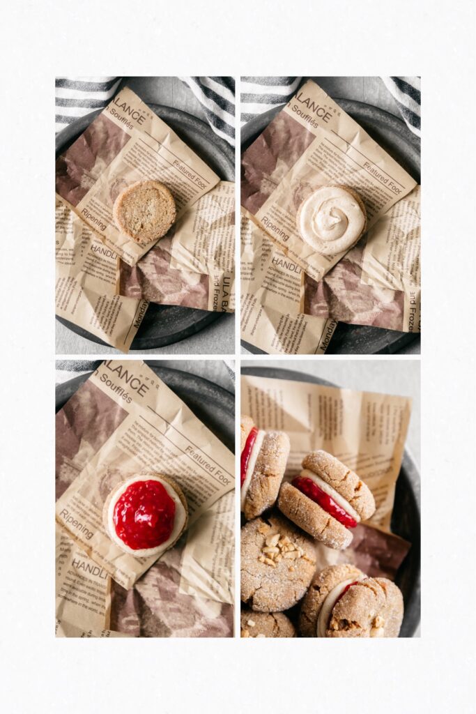 Four photos showing how to frost and fill Sandwich cookies 