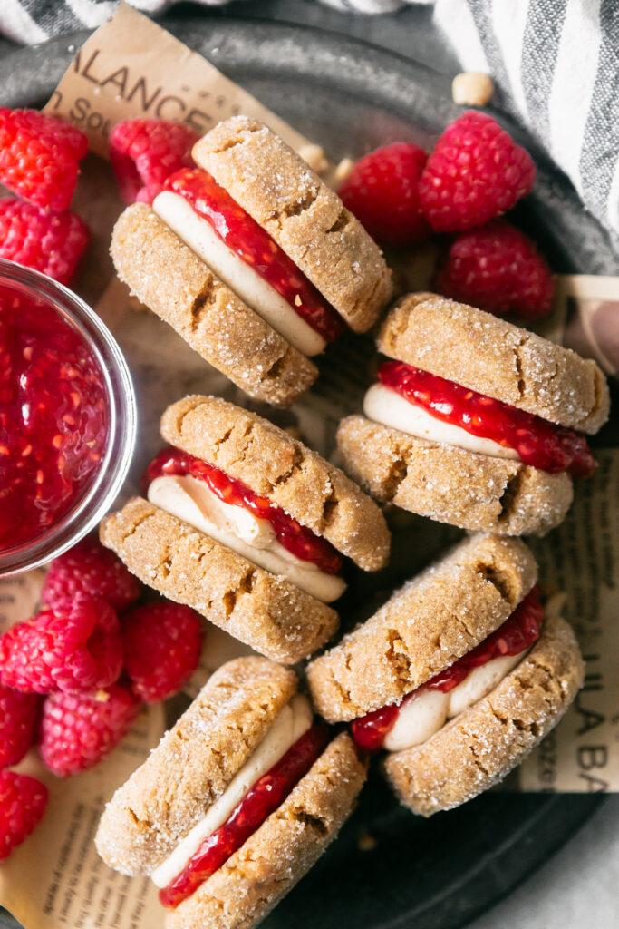 Closeup of a plate of sandwich cookies 