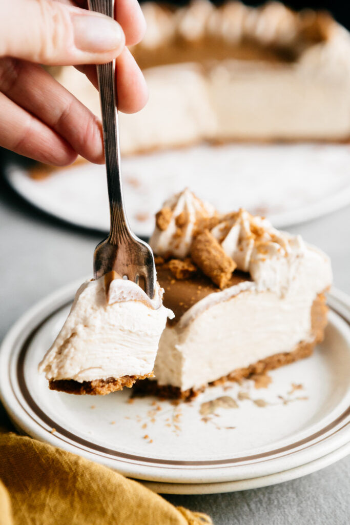 taking a bite of cheesecake with a fork 