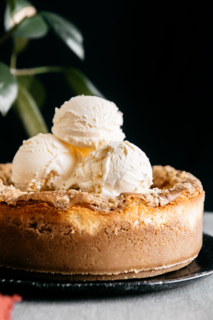 Browned Butter Peach Crisp Cheesecake With ice cream 
