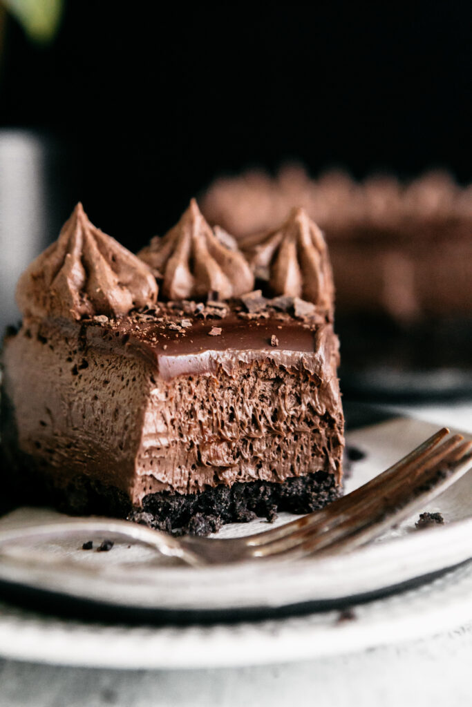 Closeup slice of chocolate cheesecake 