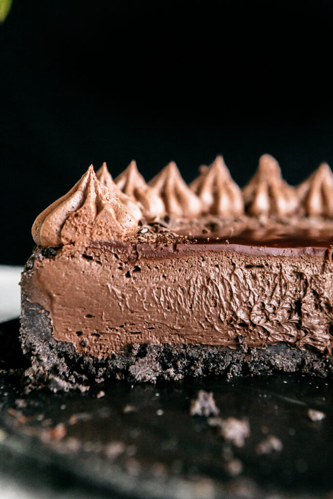 The inside of a chocolate cheesecake 