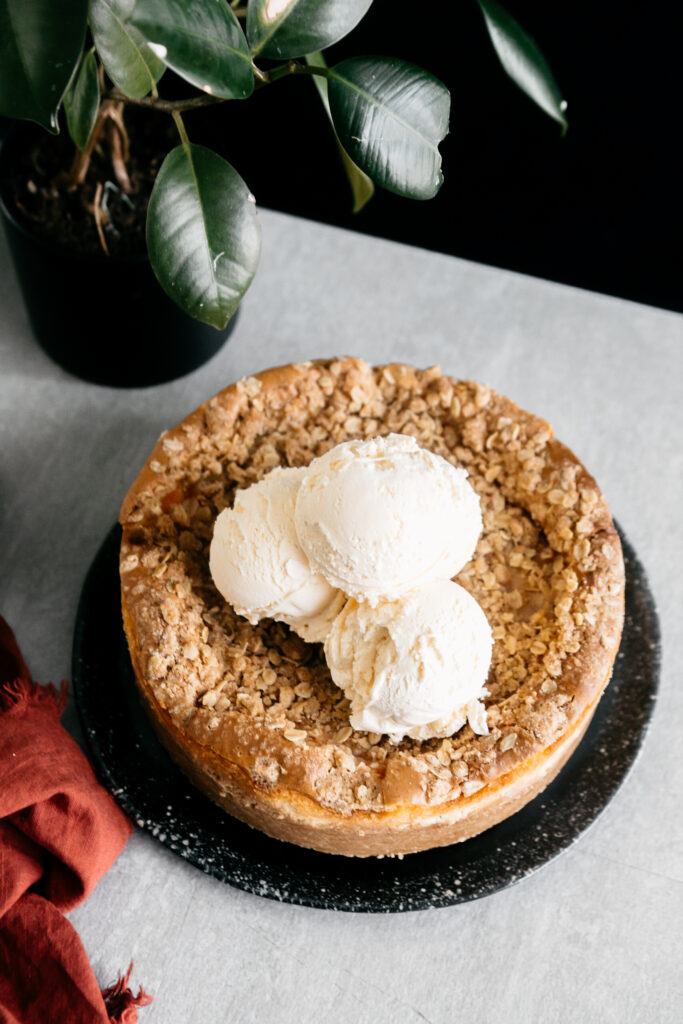 streusel topped cake with ice cream 