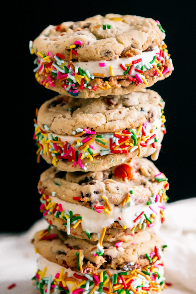 A stack of ice cream cookie sandwiches 