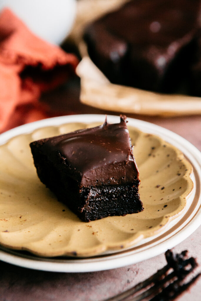 A slice of chocolate cake on a plate 