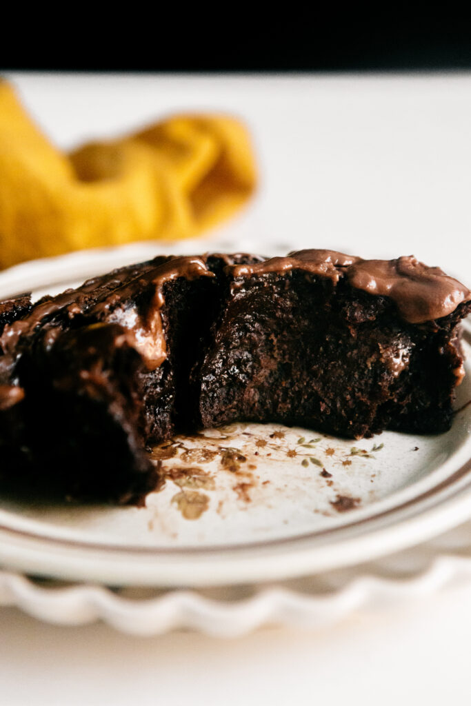 The inside of a chocolate cinnamon roll 