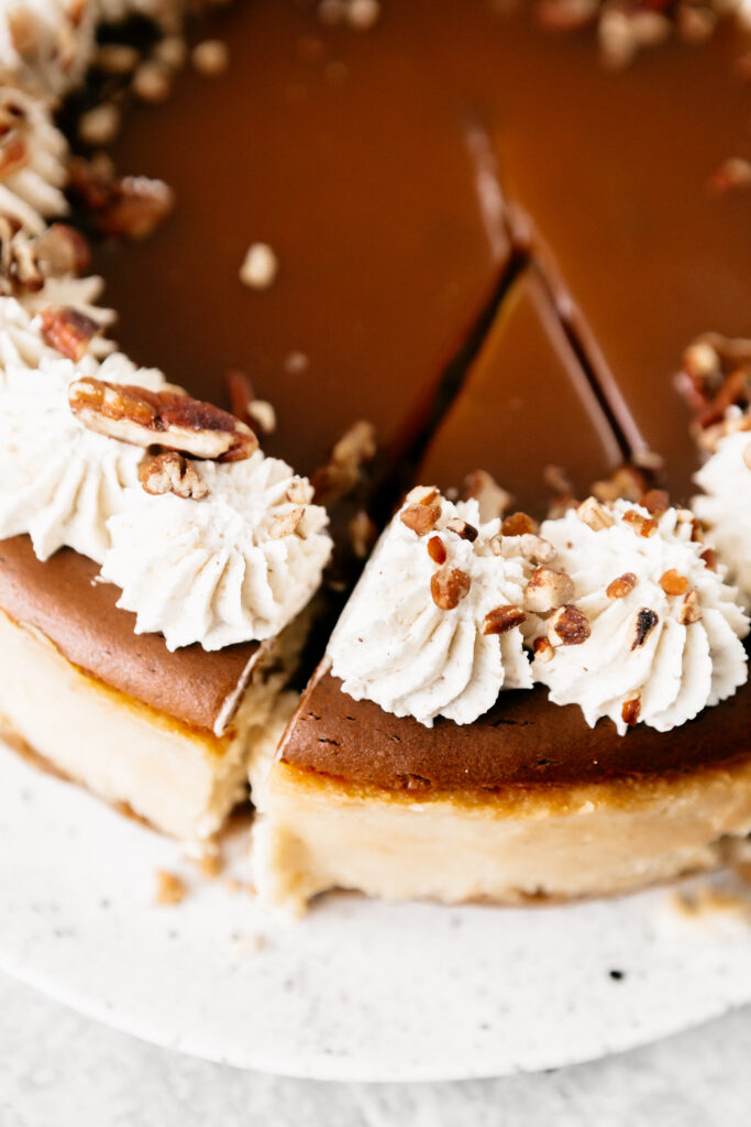 Closeup of a sliced cheesecake 