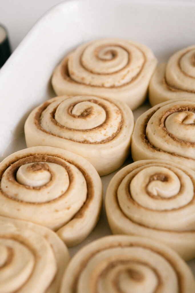 Prebaked cinnamon rolls in a dish 