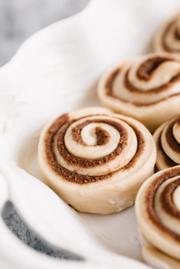 Pre-baked cinnamon rolls in a pan 