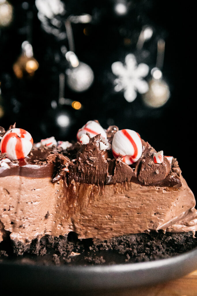 The inside of a chocolate cheesecake 