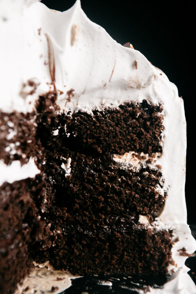 The inside of a chocolate layer cake
